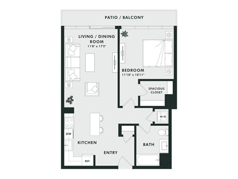 Floor plan for 1 bed, 1 bath, 713 sqft